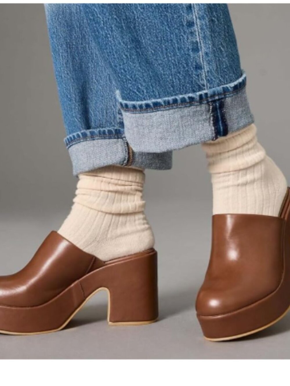 Brown Leather Platform Clog Mules - Women